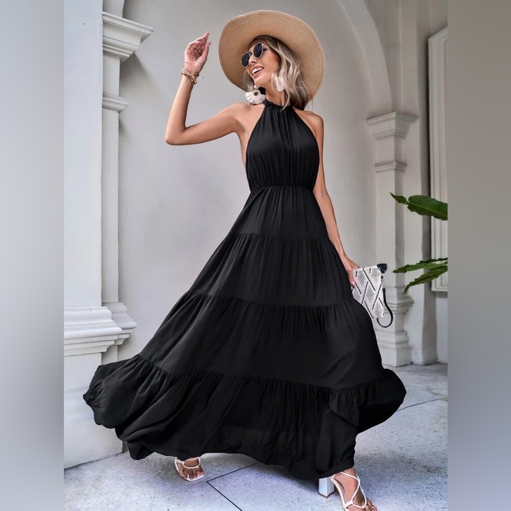 Solid Tie Backless Ruffle Hem Halter Dress - Picture 6 of 13